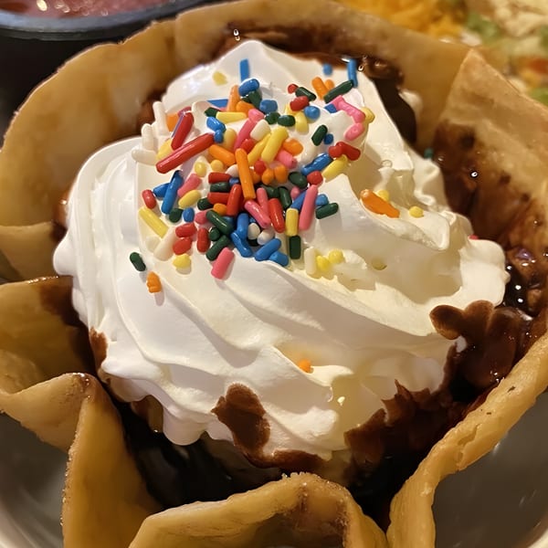 Fried ice cream dessert with whipped cream, chocolate syrup, and colorful sprinkles in a crispy shell.